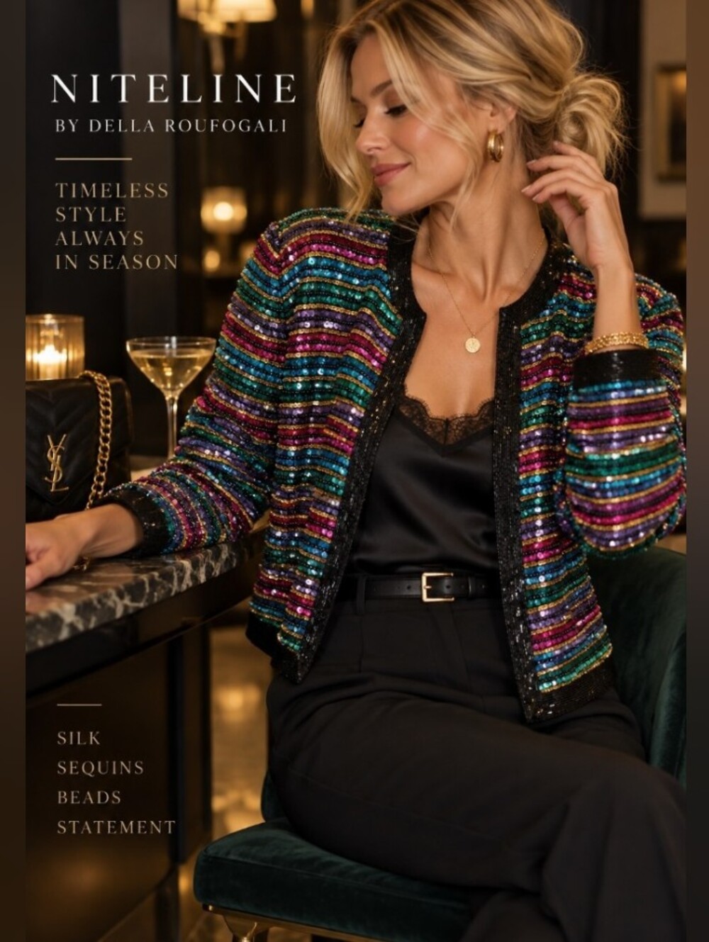 Niteline Della Roufogali Silk Sequin Beaded Multicolor Statement Open Jacket M